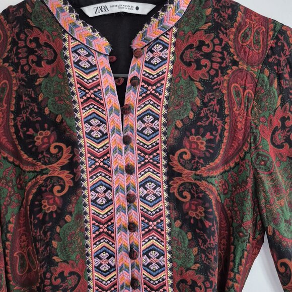 ZARA Jacquard Ribbon Dress , Long Sleeve Midi, Deep Green & Burgundy , Boho XS - Picture 3 of 15